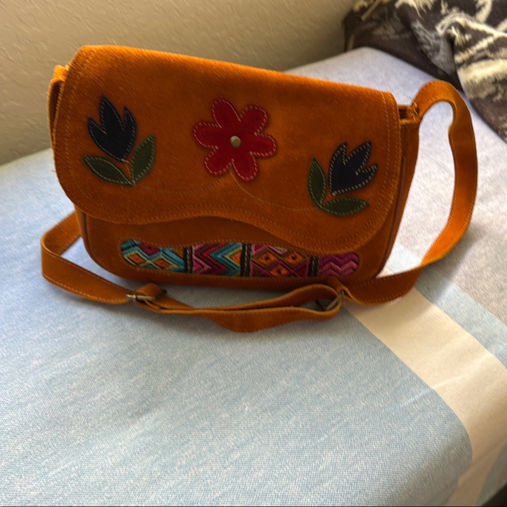 Tan Crossbody Bag with Floral Embellishments